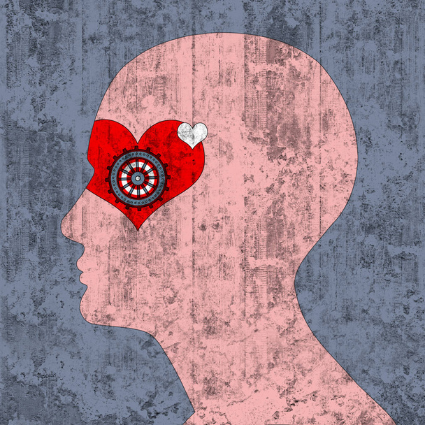  cabeza humana con signo y engranaje del corazón, fondo abstracto - Ilustración 3D
 - Foto, Imagen