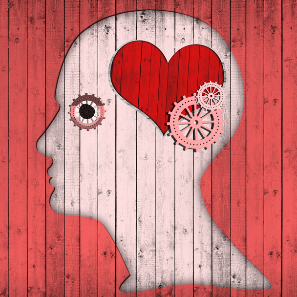  человеческая голова с сердечным знаком и шестеренками, абстрактный фон - 3D иллюстрация
 - Фото, изображение