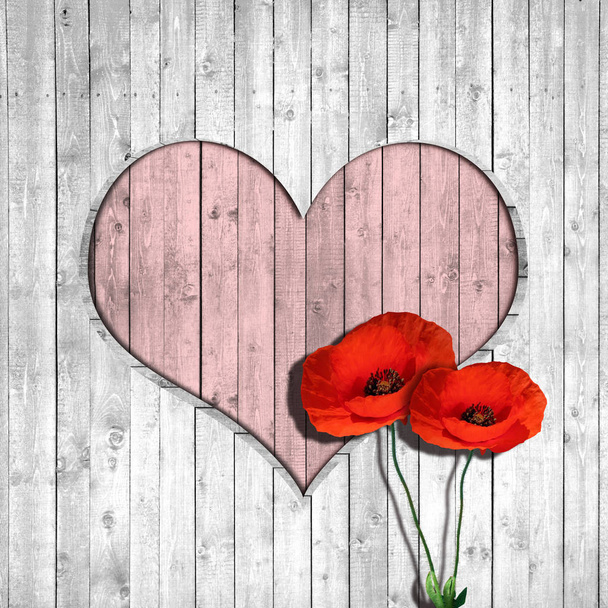 rode klaprozen en hart teken, achtergrond - Foto, afbeelding