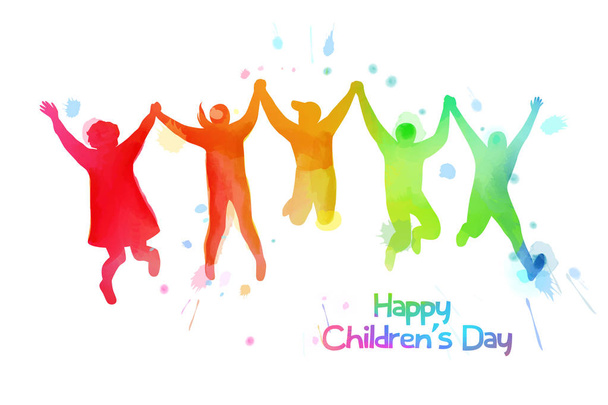 Watercolor of happy kids jumping together . Happy children's day. - Wektor, obraz