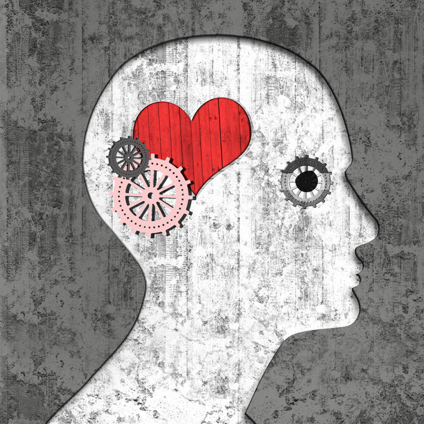  cabeza humana con signos y engranajes cardíacos, fondo abstracto - Ilustración 3D
 - Foto, Imagen