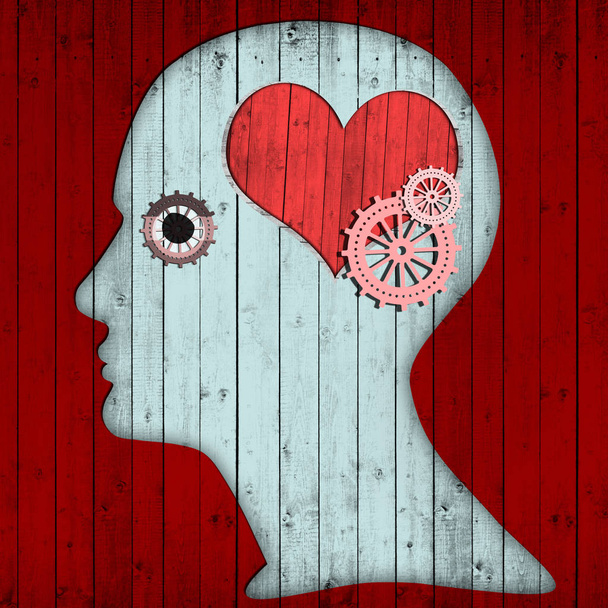  human head with heart sign and gears, abstract background - 3D illustration - Fotografie, Obrázek