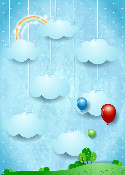 Surreal landscape with hanging clouds and balloons. Vector illustration  - Vetor, Imagem