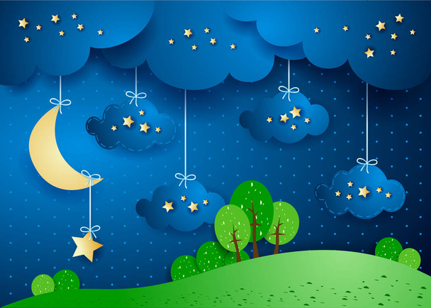 Surreal landscape by night with hanging clouds and stars. Vector illustration  - Vector, afbeelding