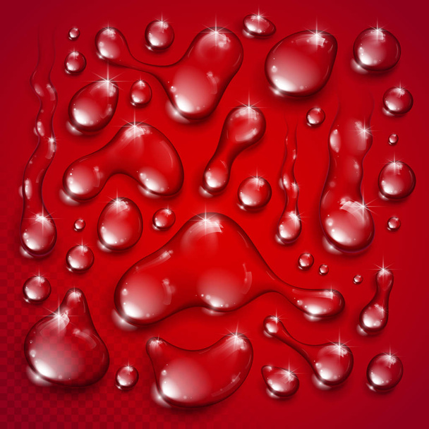 Water drops set vector realistic 3d elements collection, transparent dew condensation drops over transparency checker mesh, prepared to put over red background. - Vector, Imagen