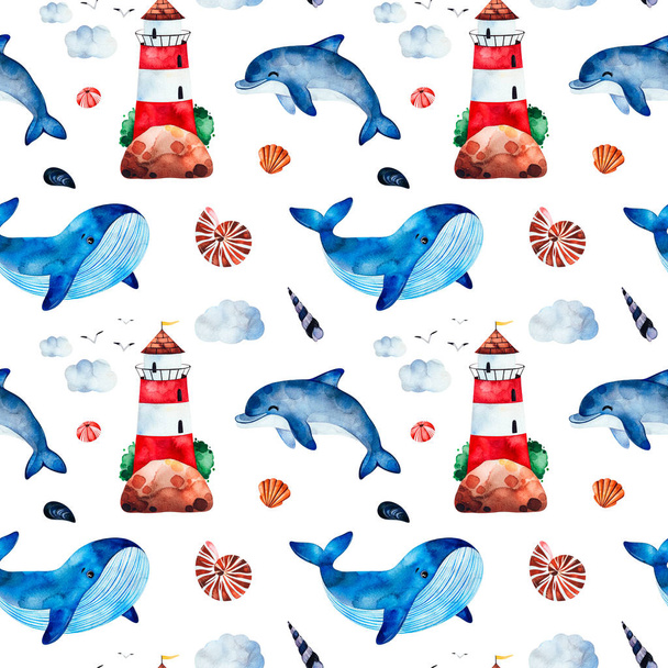 nahtloses Muster mit Aquarellwalen, Muscheln und Leuchttürmen auf weißem Hintergrund  - Foto, Bild