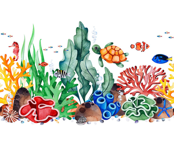 Aquarell-Kollektion mit Unterwasserwesen auf weißem Hintergrund  - Foto, Bild