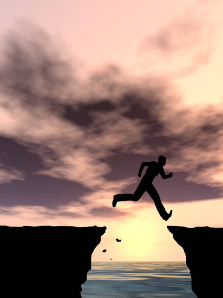 Concepto de hombre joven o hombre de negocios silueta saltando feliz desde el acantilado sobre la brecha de agua en el fondo del cielo puesta de sol o salida del sol
 - Foto, imagen