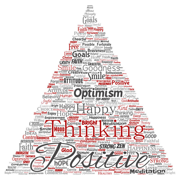 konzeptionelles positives Denken, glücklich starke Haltung Dreieck Pfeil Wort Wolke isoliert auf weißem Hintergrund - Foto, Bild