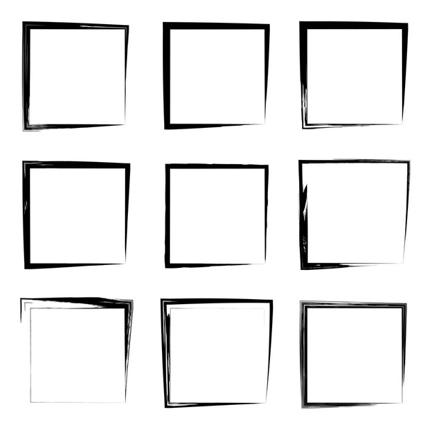 Collection or set of artistic black paint grungy brush square frames or borders isolated on white background. - Photo, Image