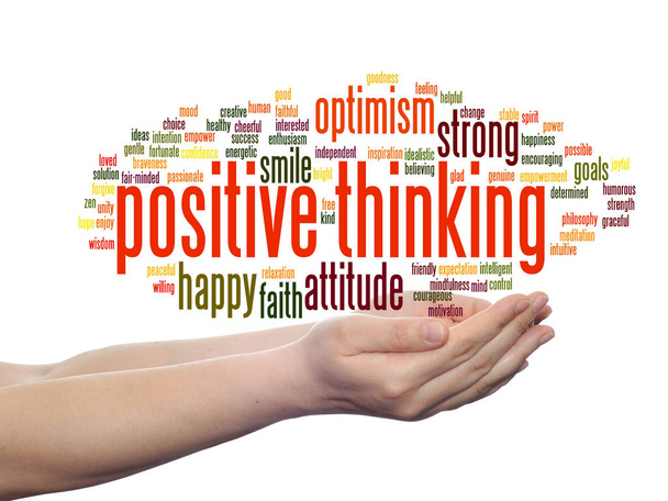 Concept or conceptual positive thinking, happy or strong attitude abstract word cloud in hands isolated on white background - Photo, Image