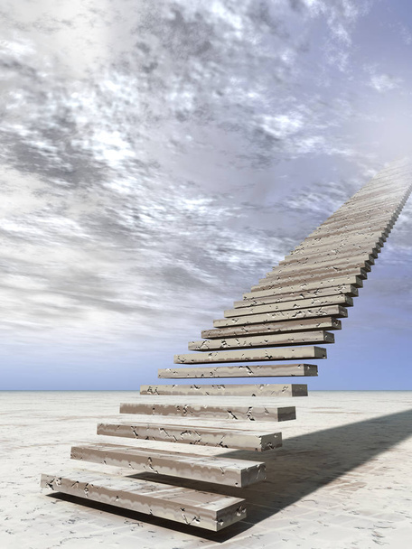 Konzept oder konzeptionelle 3D-Treppe Schritte in den Himmel auf Himmelshintergrund in der Wüste mit Wolken - Foto, Bild