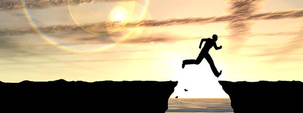 Концепция молодого человека или бизнесмена силуэт прыгать счастливым от скалы через водный разрыв на закате или восходе солнца фоне
 - Фото, изображение