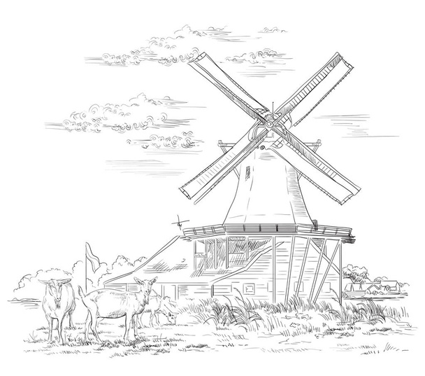Vektor ruční kreslení obrázku mlýna v Amsterdamu (Nizozemsko, Holandsko). Památka z Holandska. Vodní mlýn a koz pasoucí se na pastvině. Ruční vektorové ilustrace v černé barvě izolovaných na bílém pozadí. - Vektor, obrázek
