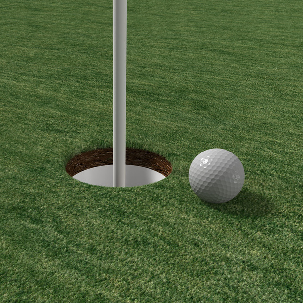 Golfball aus nächster Nähe zu Nadel auf Grün - Foto, Bild