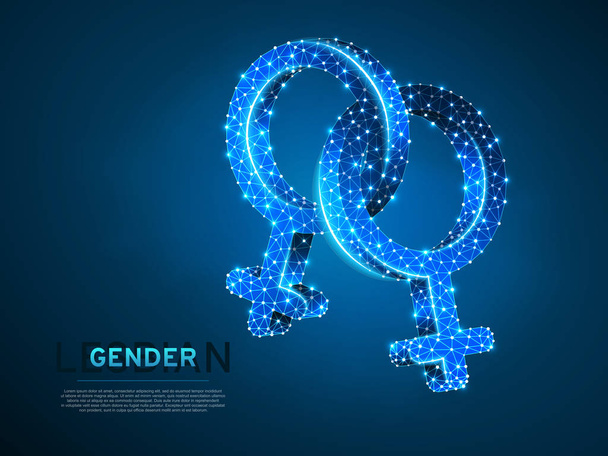 Dos mujeres lesbianas símbolos de género. Ilustración 3D digital de Wireframe. Polivinílico bajo, concepto de homosexualidad de las muchachas en fondo azul. Resumen Signo polígono vectorial de neón LGBT. Modo de color RGB
 - Vector, imagen
