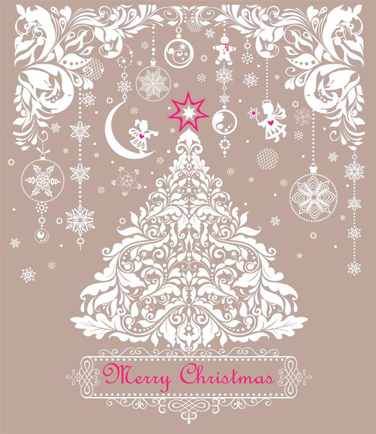 Старовинні різдвяні пастельні вітальні листівки з паперовим різанням ялинки квіткове біле дерево, квіткові прикраси та висячі мереживні прикраси з маленькими ангелами, півмісяцем, сніжинками та пряниками
 - Вектор, зображення