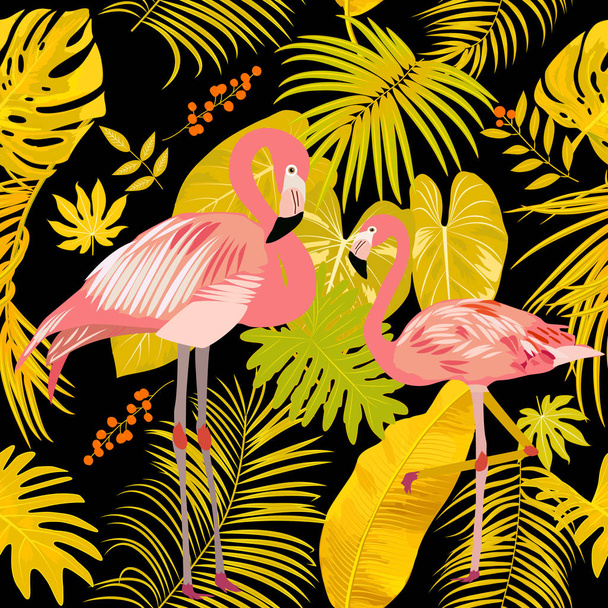 Tropical vector seamless pattern with flamingo. Botany design, jungle leaves of palm tree and flowers. - Vector, Image