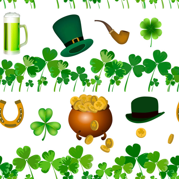 Vector seamless pattern with St. Patricks day illustrations. Seamless pattern with clover leaves, a pot of coins, hats, a smoking pipe. - Vector, Image