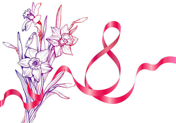 Womens Day 8 tarjeta de felicitación de marzo con ramo de flores
. - Vector, Imagen