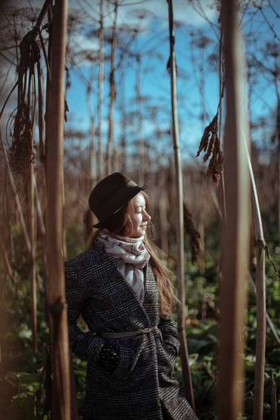 Beautiful girl in the tall grass in autumn. Young woman in hat and coat on a sunny autumn day in the field - Photo, Image