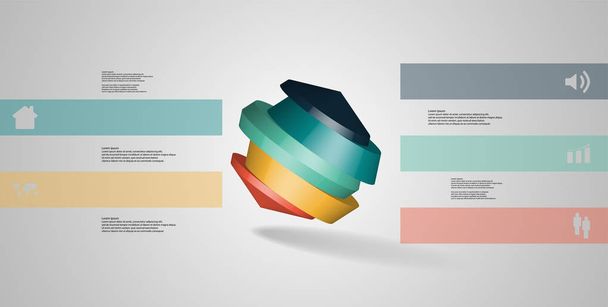 3D illustration infographic template. The round octagon is divided to five color parts. Object is askew arranged on grey white background. Color bars with simple signs are on sides. - Wektor, obraz