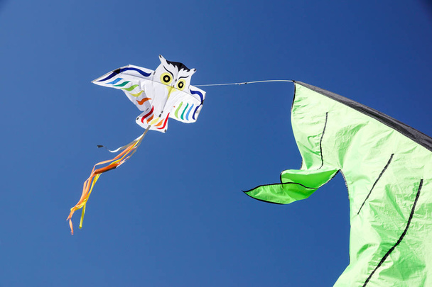 Eri värikäs leijat lentävät kirkkaan sininen taivas - Valokuva, kuva