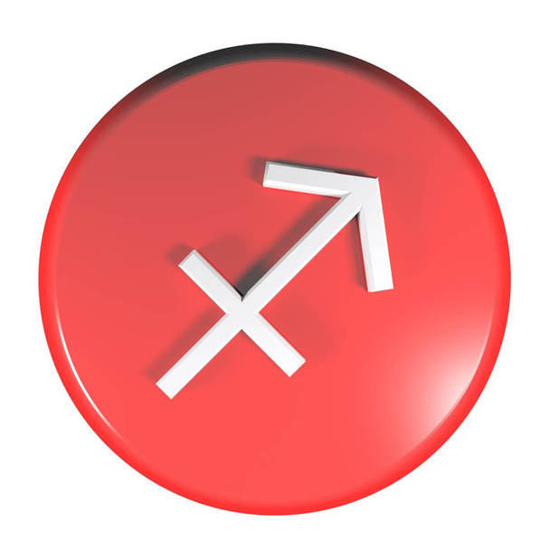 ein roter Kreis-Taster mit dem Symbol des Tierkreiszeichens Sagittarius, isoliert auf weißem Hintergrund - 3D-Darstellung - Foto, Bild