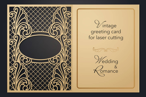 Vintage greeting card for laser cutting. Delicate pattern for wedding, romantic party, blank menu, cover folder for presentation. - Vector, Image