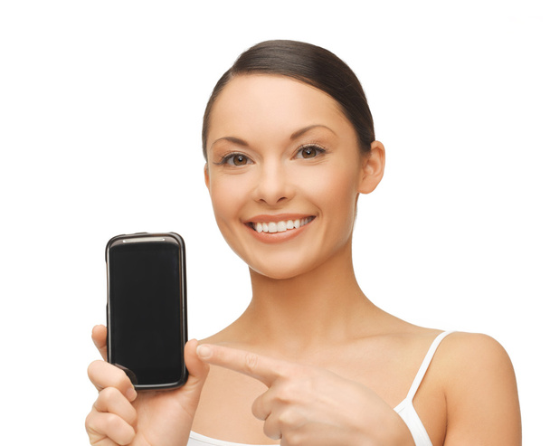 Woman pointing at smartphone with sport app - Zdjęcie, obraz