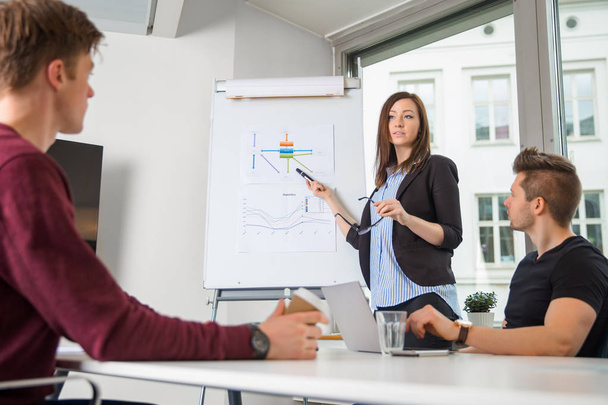 Female Professional Explaining Graph To Male Coworkers - Foto, Bild