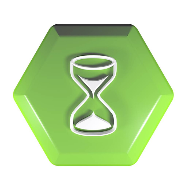 Зеленая шестиугольная кнопка, выделенная на белом фоне, с иконкой песочных часов - трехмерная иллюстрация
 - Фото, изображение