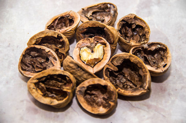 walnut with heart shape surrounded by shells - 写真・画像