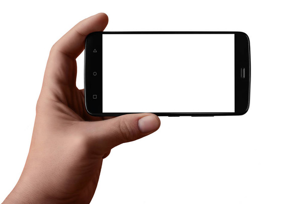 Mężczyzn ręka trzyma czarny smartphone rezygnować pusty biały ekran. Na białym tle. - Zdjęcie, obraz