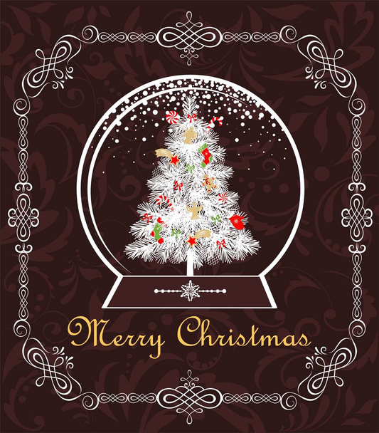 Рождественская открытка с вырезанной бумагой из глобуса украшенной елкой и декоративной виньеткой
 - Вектор,изображение