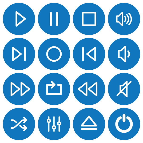 Set of 16 white flat media player icons on round blue backgrounds - Vector, Image