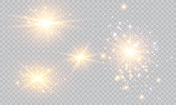 Ilustración vectorial de rayos de luz de llamarada abstracta. Un conjunto de estrellas, luz y resplandor, rayos y brillo. Efecto de luz brillante. Ilustración vectorial. Navidad flash Concepto. - Vector, imagen