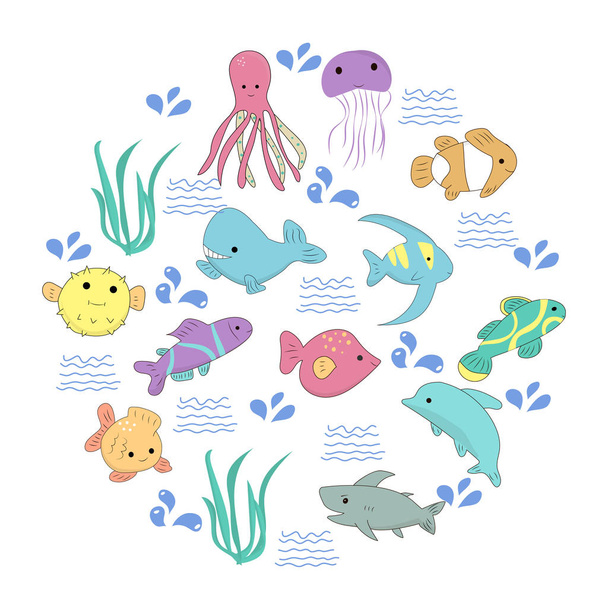 Kawaii tengeri lények egy kört csoportja. - Vektor, kép