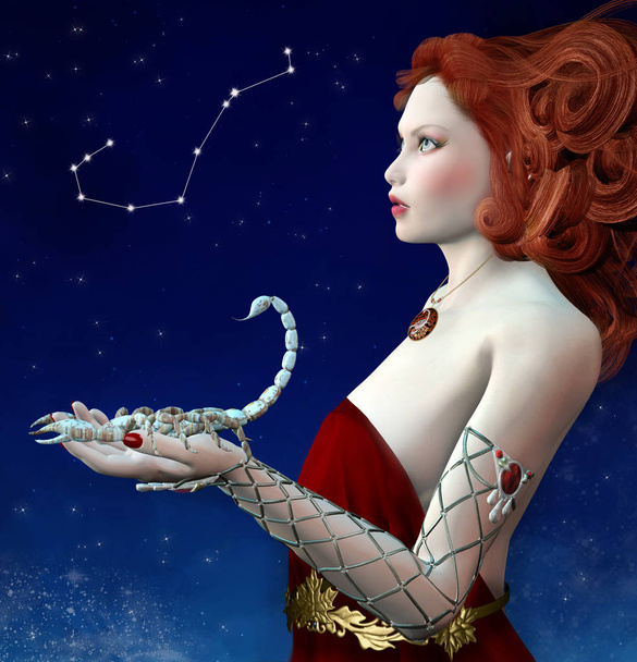 Зодіак серії - Скорпіон, як красива жінка з Скорпіон її руку - 3d ілюстрації - Фото, зображення