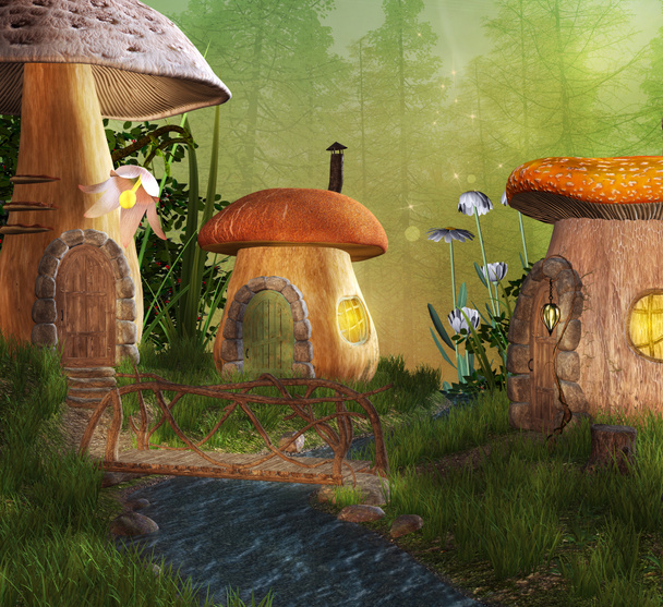 Cogumelos aldeia de conto de fadas - ilustração 3D
 - Foto, Imagem