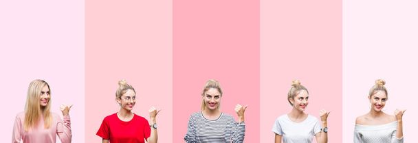 Collage di giovane bella donna bionda su vivido colorato vintage rosa sfondo isolato sorridente con volto felice guardando e indicando il lato con pollice in su
. - Foto, immagini