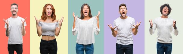 Composition of african american, hispanic and chinese group of people over vintage color background crazy and mad shouting and yelling with aggressive expression and arms raised. Frustration concept. - Photo, Image