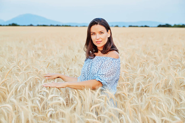 The beautiful young girl with long brunette hairs poses in the field with wheat, sunset light, turns, smiles, flirts,  happy, blue dress, France, Provence - 写真・画像