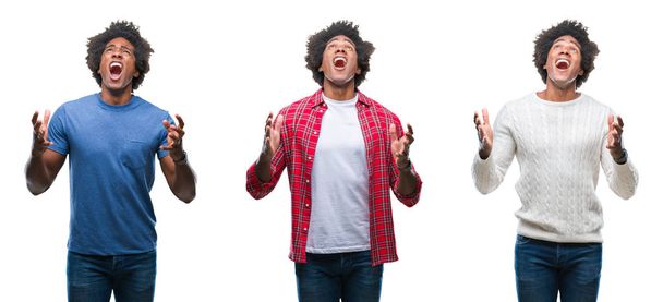 Колаж афроамериканського молодого красивого чоловіка над ізольованим фоном божевільний і божевільний крик і крик з агресивним виразом і піднятими руками. Концепція розмальовки
. - Фото, зображення