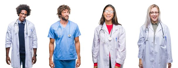 Kolaj bir grup doktor, Hemşire, seksi bir ifadeyle, neşeli ve mutlu yüzünü kameraya bakarak göz kırpıyor izole arka plan üzerinde cerrah insanlar. - Fotoğraf, Görsel