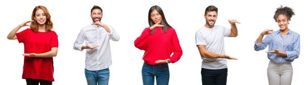 Collage of group chinese, indian, hispanic people over isolated background gesturing with hands showing big and large size sign, measure symbol. Smiling looking at the camera. Measuring concept. - Photo, Image
