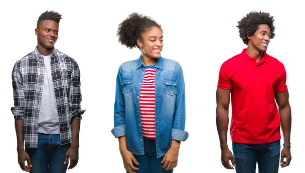 Collage de afroamericanos de grupo con pelo afro sobre fondo aislado mirando hacia un lado con sonrisa en la cara, expresión natural. Riendo confiado
. - Foto, Imagen