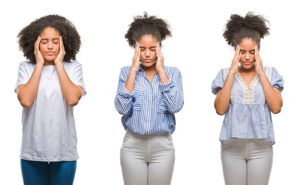 Коллаж африканской американки на изолированном фоне с рукой на голове от боли в голове из-за стресса. Страдания от мигрени
. - Фото, изображение