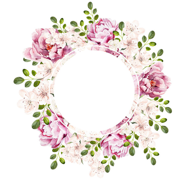 Beautiful bright watercolor wreath wih peony flowers.  - Фото, изображение