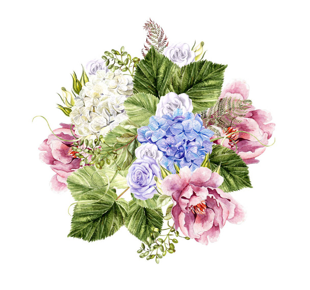 牡丹と hudrangea の花とバラの美しい水彩画花束.  - 写真・画像